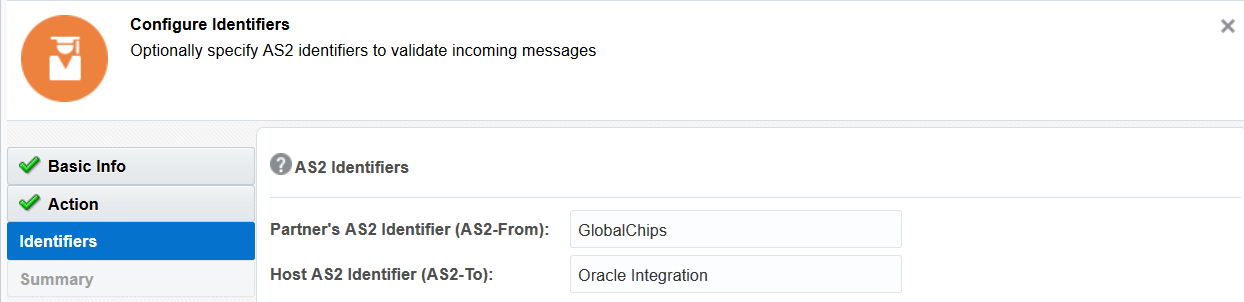 識別子ページのパートナAS2識別子(AS2-From)およびホストAS2識別子(AS2-To)フィールド。
