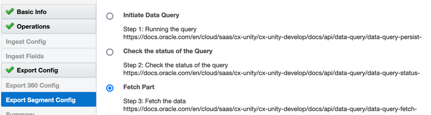 左側のナビゲーション・ペインで「エクスポート・セグメント構成」タブが選択されています。 このページには、データ問合せの開始、問合せのステータスを確認および「パート」のフェッチ・オプションが表示されます。 パーツのフェッチが選択されています。 