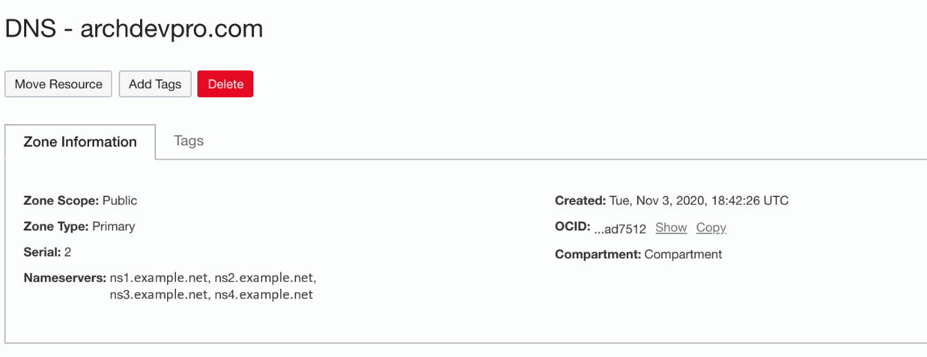 OCIコンソールを使用して追加されたarchdevpro.comという名前のOCI DNSゾーン。