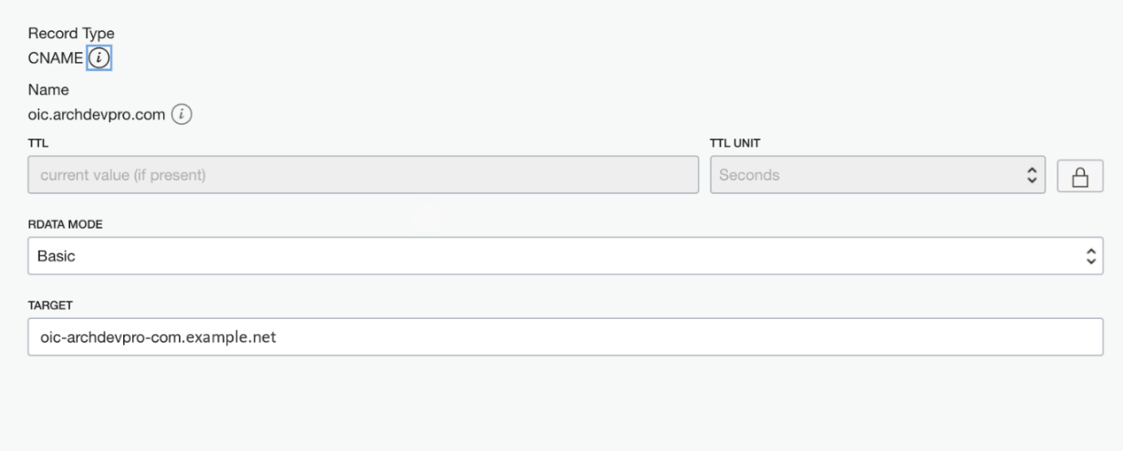 OCI DNSゾーン内にCNAMEレコードとして追加されたOracle Integrationホスト名。