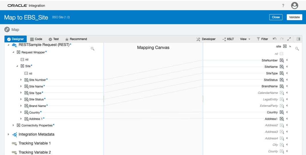 サイト番号、サイト名、サイト・タイプ、サイト・ステータス、ブランド名、国および住所1のソース要素は、対応する同じターゲット要素にマップされます。