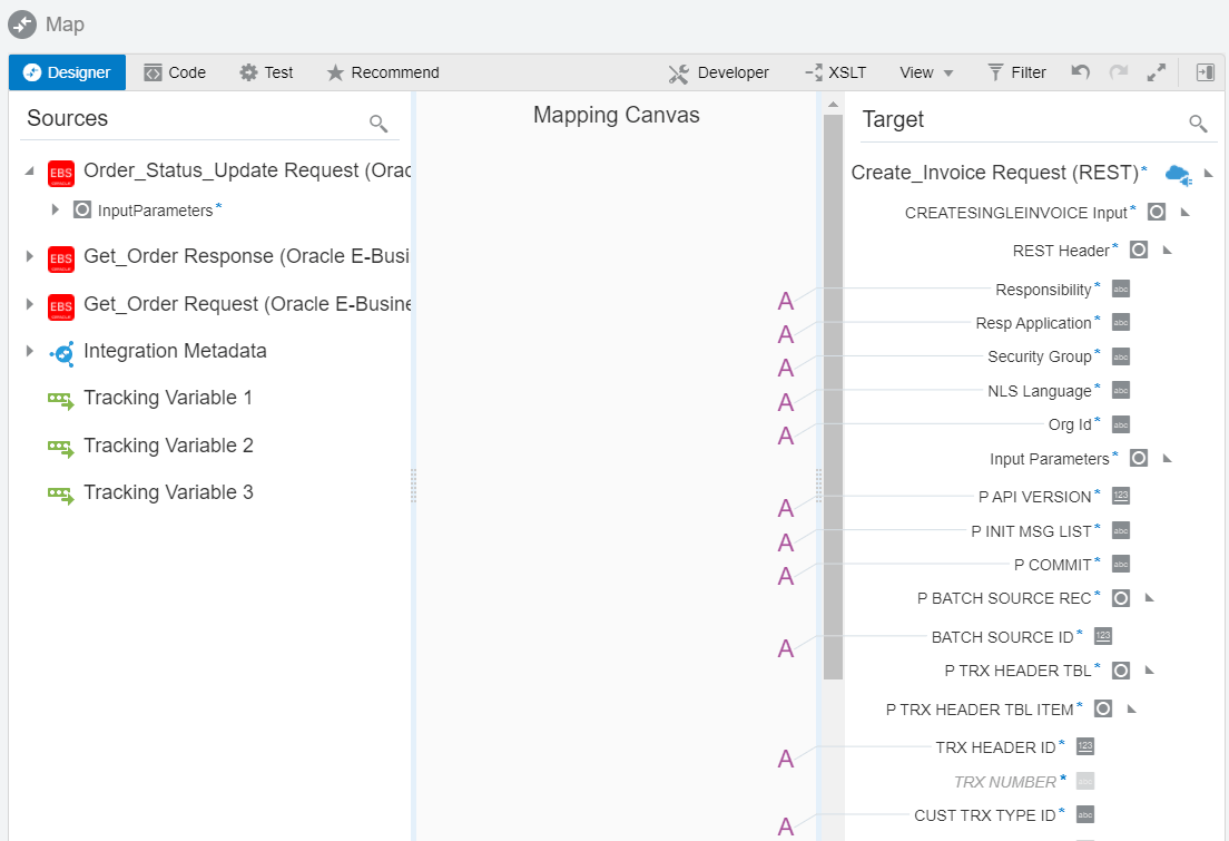 割り当てられた値を含む関数アイコンは、上の表にリストされているすべてのターゲット要素のマッピング・キャンバスに表示されます。