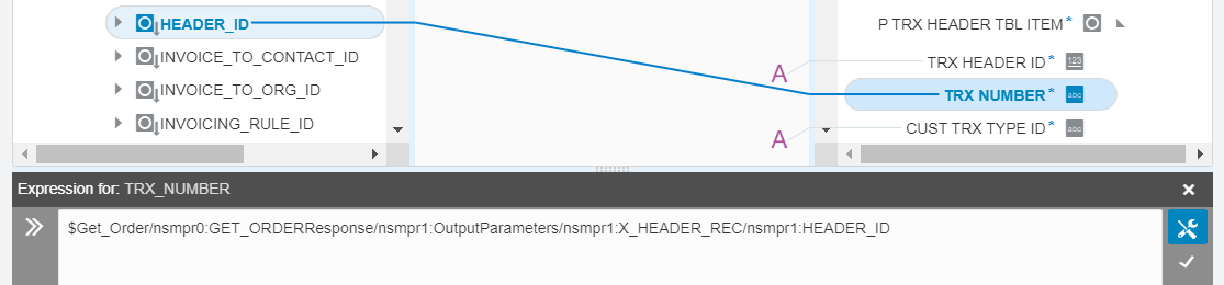 マップされたソース要素とターゲット要素は青い線で結ばれています。 マッピングの式は次のように定義されます : $Get_Order/nsmpr0:GET_ORDERResponse/nsmpr1:OutputParameters/nsmpr1:X_HEADER_REC/nsmpr1:HEADER_ID 