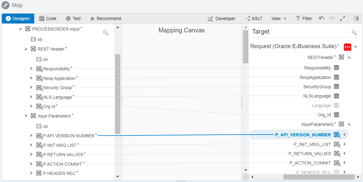 左上には、開発者、コード、テストおよび推奨ボタンがあります。 右側には、開発者、XSLT、表示およびフィルタ・ボタンがあります。 その下には、ソース、マッピング・キャンバスおよびターゲット・セクションがあります。 P_API_VERSION_NUMBERソース・データ要素は、同じP_API_VERSION_NUMBERターゲット・データ要素にマップされます。 