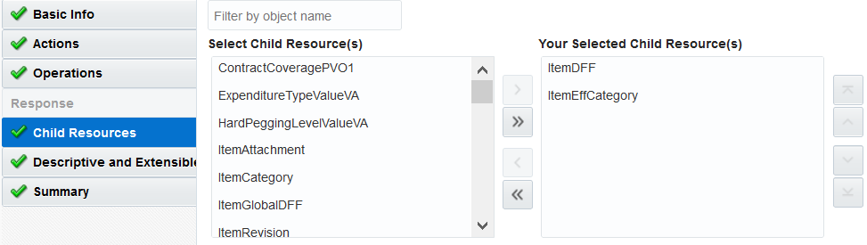 左側のナビゲーション・ペインで「子リソース」タブが選択されています。 子リソースの選択リストのリソースが選択され、選択した子リソース・リストに表示されます。 