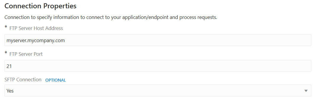 FTPサーバー・ホスト・アドレス、FTPサーバー・ポートおよび「SFTP接続」フィールドが表示された「接続プロパティ」セクション FTPサーバー・ホスト・アドレス、FTPサーバー・ポートおよび「SFTP接続」フィールドが表示された「接続プロパティ」セクション