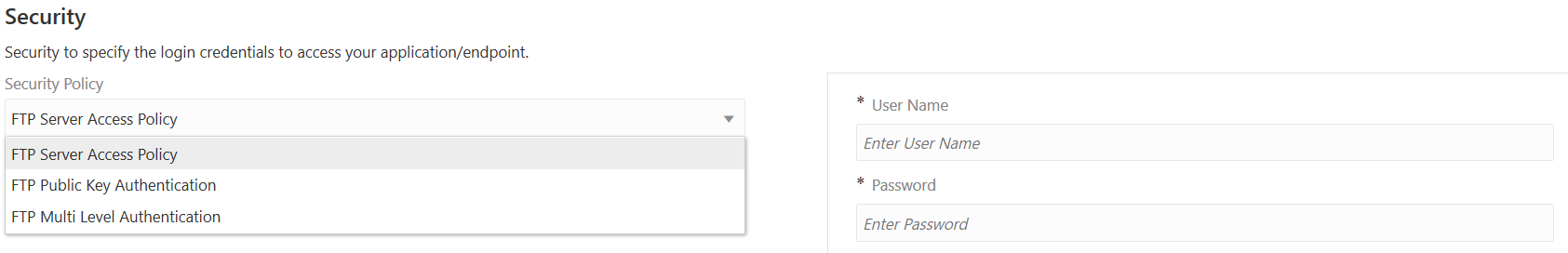 FTPサーバー・アクセス・ポリシー、FTP公開キー認証およびFTPマルチ・レベル認証のオプションを含むセキュリティ・セクション。 FTPサーバー・アクセス・ポリシー、FTP公開キー認証およびFTPマルチ・レベル認証のオプションを含むセキュリティ・セクション。