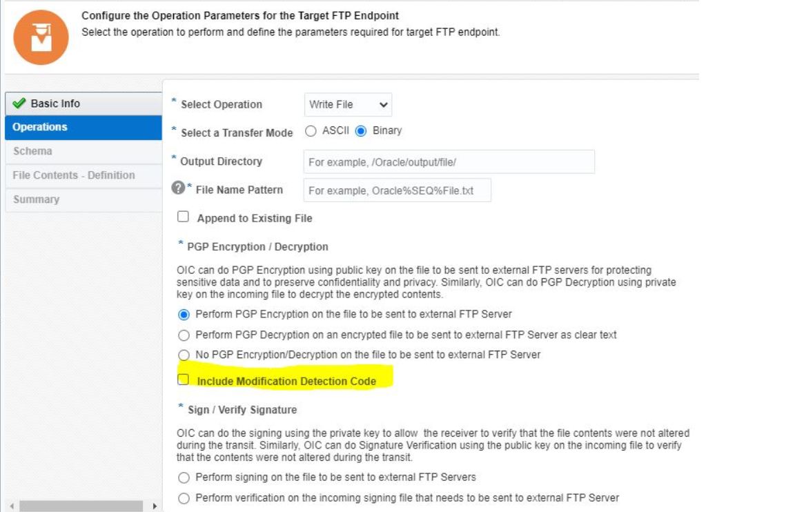 「操作」ページが表示されます。 このページは、選択操作、振替モードの選択、出力ディレクトリの選択、ファイル名パターン、既存ファイルへの追加、外部「FTPサーバー」に送信するファイルのPGP暗号化の実行、外部「FTPサーバー」に送信する暗号化されたファイルのPGP復号化の実行、外部「FTPサーバー」に送信するファイルのPGP暗号化/復号化の実行、外部「FTPサーバー」に送信するファイルのPGP暗号化/復号化なし、変更検出コードを含む、外部「FTPサーバー」sに送信するファイルの署名の実行、外部「FTPサーバー」フィールドに送信する必要がある受信署名ファイルの検証の実行で構成されます。 