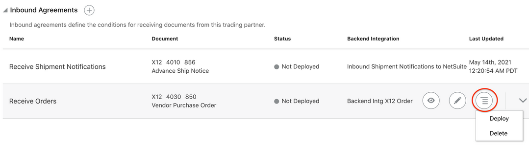 「インバウンド契約」セクションには、+記号が表示されます。 この下には、名前、説明、ステータス、バックエンド統合および最終更新の列がある表があります。 選択した取引先の右端には、デプロイおよび削除のオプションを表示する表示アイコン、編集アイコンおよびアクション・アイコンがあります。 