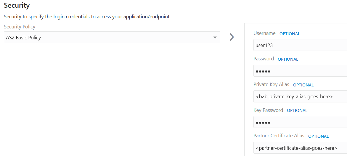 「セキュリティ」セクションには、「セキュリティ・ポリシー」フィールド(AS2 Basicポリシーが選択されている)、ユーザー名フィールド、パスワード・フィールド、「秘密キー別名」フィールド、「キー・パスワード」フィールドおよび「パートナ証明書別名」フィールドがあります。
