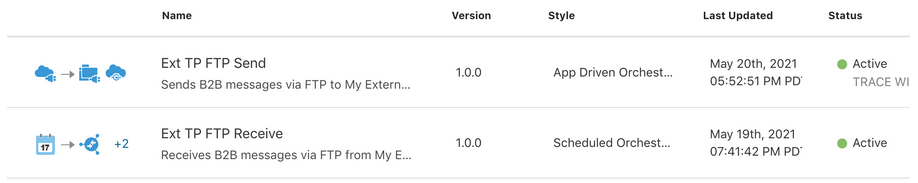 表には、名前、バージョン、スタイル、最終更新およびステータスの列が表示されます。 名前列の左側には、統合で使用されるアダプタのタイプを示すアイコン(スケジュールされた統合のアイコンを含む)が表示されます。 