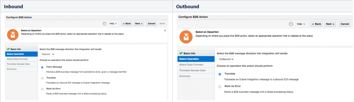B2Bアクションの構成ウィザードの「操作の選択」ページの2つのバージョンが横に表示されます。 それぞれの右上隅には、ヘルプ、戻る、次へおよび取消ボタンがあります。 左側のページには、選択したインバウンド・メッセージの方向とメッセージのフェッチ操作が表示されます。 右側のページには、選択したアウトバウンド・メッセージの方向と、Translate操作が選択されています。 