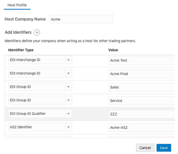 「ホスト・プロファイル」タブが表示されます。 「ホスト会社名」フィールドには、Acmeの値が表示されます。 この下には、+記号付きの「識別子の追加」セクションがあります。 この下には、識別子タイプ・リストおよび値フィールドの列がある表があります。 