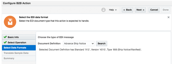 B2Bアクションの構成ウィザードの「データ形式の選択」ページが表示されます。 表示されるフィールドはドキュメント定義です。 事前出荷通知の値が選択されています。 この下には、この値の説明があります。 