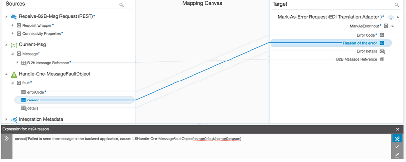 マッパーには、要素のソース・ツリーが表示されます。 事由要素が選択され、ターゲット・ツリーでエラーの事由に接続します。 中央には「マッピング・キャンバス」セクションがあります。 