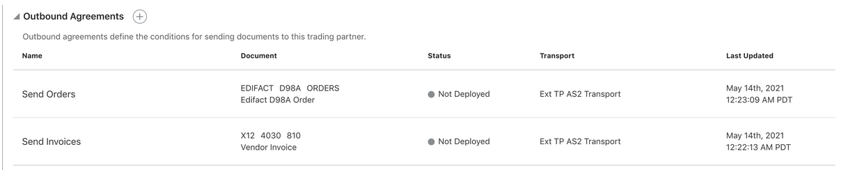 「アウトバウンド契約」セクションには、アウトバウンド契約および名前、ドキュメント、ステータス、トランスポートおよび最終更新の列を含む表を作成するためのプラス記号が含まれます。 「アウトバウンド契約」セクションには、アウトバウンド契約および名前、ドキュメント、ステータス、トランスポートおよび最終更新の列を含む表を作成するためのプラス記号が含まれます。