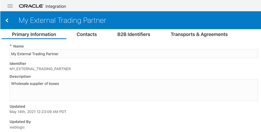 上部にプライマリ情報、担当者、B2B識別子および契約タブが表示されます。 次に、名前、識別子、説明、更新済および「更新者」フィールドを示します。 右下には取消ボタンと保存ボタンがあります。 