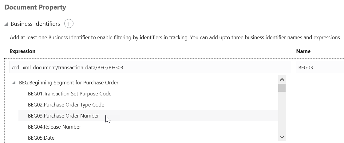 「Documentプロパティ」ページには、ビジネス識別子のタイトルとプラス(追加)アイコンが含まれます。 下の表には、式および名前の列があります。 