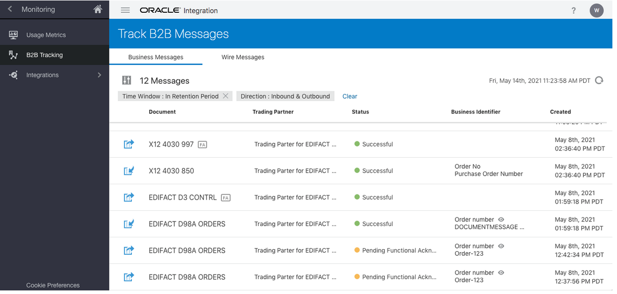 使用状況メトリック、B2Bトラッキング(選択)および統合エントリが左側のナビゲーション・ペインに表示されます。 「B2Bメッセージの追跡」ページが表示されます。 次に、ビジネス・メッセージ(選択)およびワイヤー・メッセージのタブを示します。 メッセージ数は、2つの定義済フィルタおよびクリア・ボタンとともに表示されます。 この下には、文書、取引先、ステータス、ビジネス識別子および作成済の列がある表があります。 使用状況メトリック、B2Bトラッキング(選択)および統合エントリが左側のナビゲーション・ペインに表示されます。 「B2Bメッセージの追跡」ページが表示されます。 次に、ビジネス・メッセージ(選択)およびワイヤー・メッセージのタブを示します。 メッセージ数は、2つの定義済フィルタおよびクリア・ボタンとともに表示されます。 この下には、文書、取引先、ステータス、ビジネス識別子および作成済の列がある表があります。
