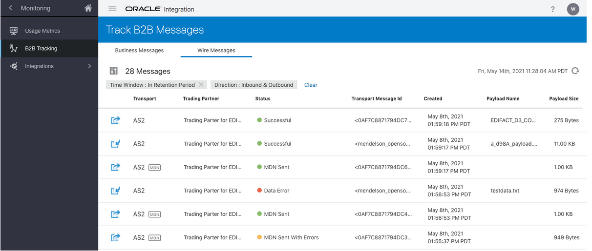 使用状況メトリック、B2Bトラッキング(選択)および統合エントリが左側のナビゲーション・ペインに表示されます。 「B2Bメッセージの追跡」ページが表示されます。 次に、ビジネス・メッセージおよびワイヤー・メッセージ(選択)のタブを示します。 メッセージ数は、2つの定義済フィルタおよびクリア・ボタンとともに表示されます。 この下には、文書、取引先、ステータス、ビジネス識別子および作成済の列がある表があります。 使用状況メトリック、B2Bトラッキング(選択)および統合エントリが左側のナビゲーション・ペインに表示されます。 「B2Bメッセージの追跡」ページが表示されます。 次に、ビジネス・メッセージおよびワイヤー・メッセージ(選択)のタブを示します。 メッセージ数は、2つの定義済フィルタおよびクリア・ボタンとともに表示されます。 この下には、文書、取引先、ステータス、ビジネス識別子および作成済の列がある表があります。