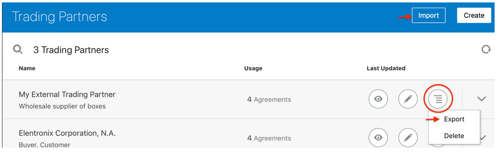 「取引パートナ」ページには、右上のインポートおよび作成ボタンが表示されます。 この下には、名前、使用状況および最終更新の列がある表があります。 選択した取引先の右端には、エクスポートおよび削除のオプションを表示するために選択された表示アイコン、編集アイコンおよびアクション・アイコンがあります。 