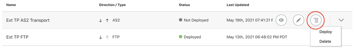 表には、名前、方向/タイプ、ステータスおよび最終更新の列が表示されます。 最終更新列の右側には、表示、編集および処理の3つのアイコンがあります。 アクション・アイコンが選択され、デプロイおよび削除のオプションが表示されます。 