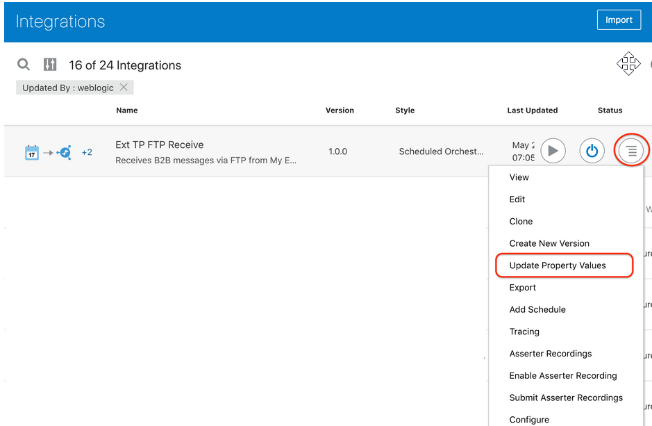 「統合」ページには、左上に検索アイコン、フィルタ・アイコンおよび統合の数が表示されます。 表には、名前、バージョン、スタイル、最終更新およびステータスの列が表示されます。 右端のアクション・メニューは、表示、編集、クローン、新規バージョンの作成、プロパティ値の更新(選択)、エクスポート、スケジュールの追加、トレース、アサータ記録の有効化、アサータ記録の有効化、アサータ記録の送信および構成のオプションを表示するために選択されます。 右上にはインポート・ボタンがあります。 