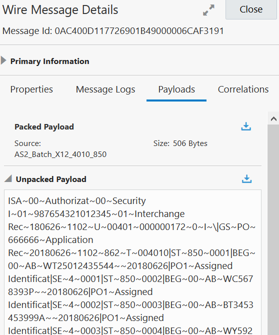 「ワイヤー・メッセージの詳細」ダイアログの右上には閉じるボタンが表示されています。 その下にメッセージID番号があります。 その下には「パックされたペイロード」セクションがあり、右側にダウンロード・ボタンがあります。 下の「開梱済ペイロード」セクションは、メッセージ・ペイロードを表示するために展開されています。 右側にダウンロード・ボタンが表示されます。 「ワイヤー・メッセージの詳細」ダイアログの右上には閉じるボタンが表示されています。 その下にメッセージID番号があります。 その下には「パックされたペイロード」セクションがあり、右側にダウンロード・ボタンがあります。 下の「開梱済ペイロード」セクションは、メッセージ・ペイロードを表示するために展開されています。 右側にダウンロード・ボタンが表示されます。