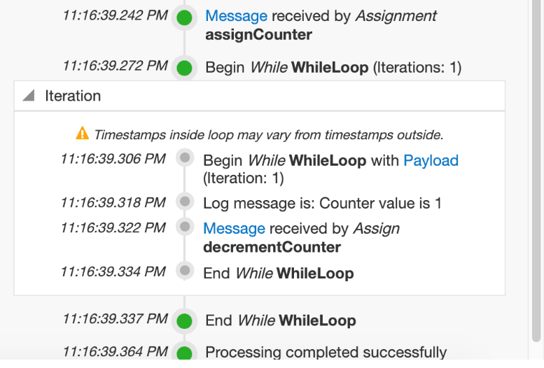 このイメージは、Whileループと、そのループの一部として実行されるタスクを表示するように展開された反復セクションを示しています。