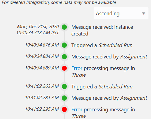 アクティビティ・ストリームの時間とメッセージが表示されます。 右上で、昇順が選択されています。 メッセージにはクリック可能なエラー・リンクが含まれています。 