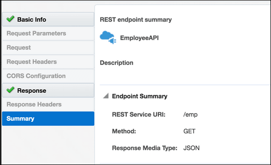 「サマリー」ページには、RESTエンドポイントのサマリー、説明およびエンドポイントのサマリーが表示されます。 このイメージでは、エンドポイント・サマリー値について説明します。 