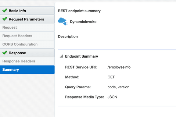 「サマリー」ページには、RESTエンドポイントのサマリー、説明およびエンドポイントのサマリーが表示されます。 このイメージでは、エンドポイント・サマリー値について説明します。 