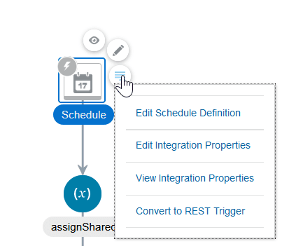 スケジュール定義の編集、統合プロパティの編集、統合プロパティの表示およびRESTトリガーに変換の選択肢を含むメニューが表示されます。
