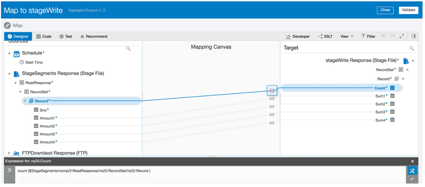 マッパーには、ターゲット数関数にマップされたソース・レコード要素が表示されます。 式ビルダーには、カウント($StageSegments/nsmpr2:ReadResponse/ns22:RecordSet/ns22:Record)の関数が表示されます 