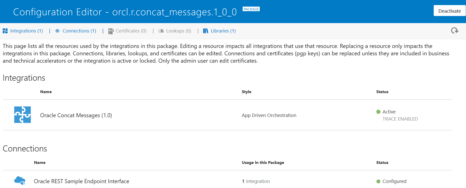 このページには、Integrations、Connections、Certificates、LookupsおよびLibrariesリンクが表示されます。 右側には非アクティブ化ボタンがあります。 次に、統合および接続の表を示します。 