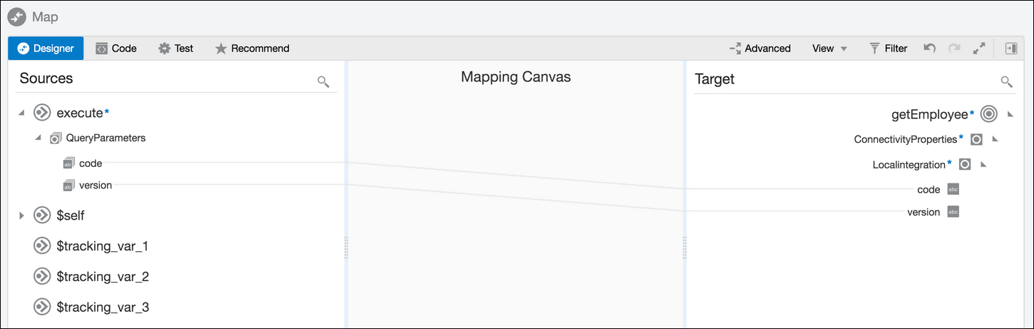 マッパーには、LocalIntegration要素の下に表示されるターゲット・コードおよびバージョン要素にマップされたソース・コードおよびバージョン要素が表示されます。
