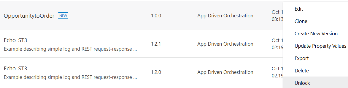 Newという語が統合の横に表示されます。 右側では、アクション・メニューが選択され、編集、クローン、新規バージョンの作成、プロパティ値の更新、エクスポート、削除およびロック解除が表示されています。 