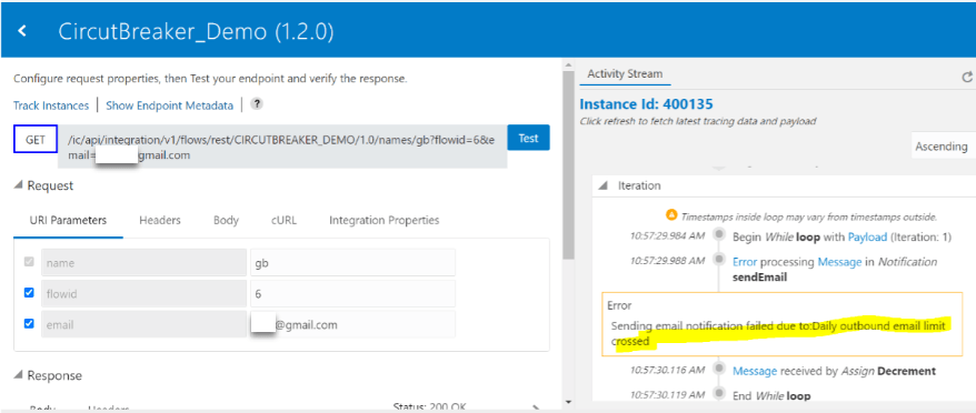 このイメージは、左側のテストUIを示しています。 右側には、起動された統合のアクティビティ・ストリームがあります。 インスタンスIDの値が上部に表示されます。 右側には昇順オプションがあります。 この下には反復セクションがあり、統合フロー内のアクションのステータスが表示されます。 通知アクションにエラーが表示されます : 日次アウトバウンドEメール制限を超えたため、Eメール通知の送信に失敗しました。 このイメージは、左側のテストUIを示しています。 右側には、起動された統合のアクティビティ・ストリームがあります。 インスタンスIDの値が上部に表示されます。 右側には昇順オプションがあります。 この下には反復セクションがあり、統合フロー内のアクションのステータスが表示されます。 通知アクションにエラーが表示されます : 日次アウトバウンドEメール制限を超えたため、Eメール通知の送信に失敗しました。