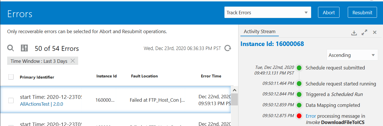 「エラー」ページの右側には、アクティビティ・ストリーム・ドロワーが表示されます。 インスタンスIDが上部にリストされます。 ドロップダウン・リストから昇順が選択されます。 その下にストリームがあります。 緑は成功を示します。 赤は、障害が発生したかどうかを示します。 