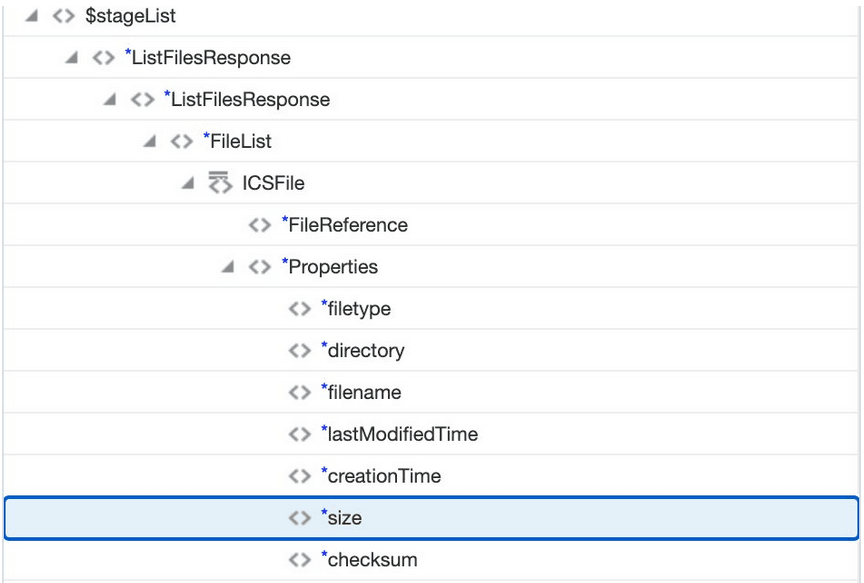 この図は、$stageList > ListFilesResponse > FileList > ICSFile >プロパティ>サイズの選択された階層を示しています。