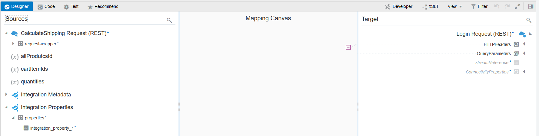 展開されたマッパー・ソース要素ツリーに、「統合プロパティ」>「プロパティ」> integration_property_1が表示されます。 展開されたマッパー・ソース要素ツリーに、「統合プロパティ」>「プロパティ」> integration_property_1が表示されます。