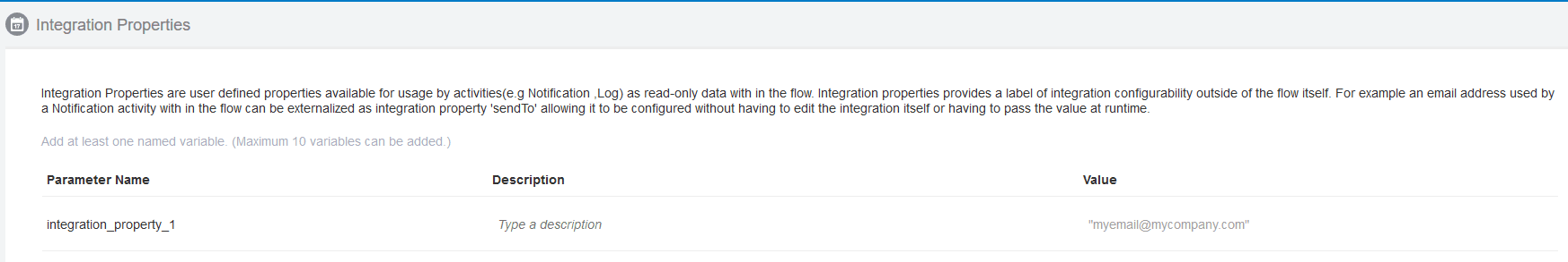 名前、説明および値列を含む表が表示された「統合プロパティ」ページ。 名前、説明および値列を含む表が表示された「統合プロパティ」ページ。