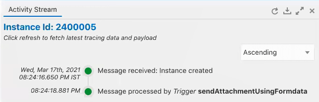アクティビティ・ストリームにインスタンスIDの値が表示されます。 右上隅には4つのアイコンがあります。 この下には昇順が選択されているリストがあります。 この下には、処理されたアクションのアクティビティ・ストリームがあります。 アクティビティ・ストリームにインスタンスIDの値が表示されます。 右上隅には4つのアイコンがあります。 この下には昇順が選択されているリストがあります。 この下には、処理されたアクションのアクティビティ・ストリームがあります。