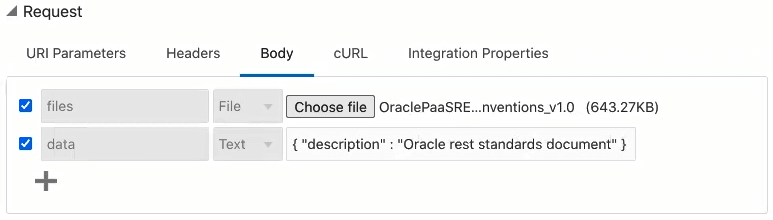 「本文」タブが選択されています。 次に2つの行を示します。 最初の行(ファイルとして識別)には、アップロードされたファイルが含まれます。 2行目(テキストとして識別)には、データの説明が表示されます。 「本文」タブが選択されています。 次に2つの行を示します。 最初の行(ファイルとして識別)には、アップロードされたファイルが含まれます。 2行目(テキストとして識別)には、データの説明が表示されます。