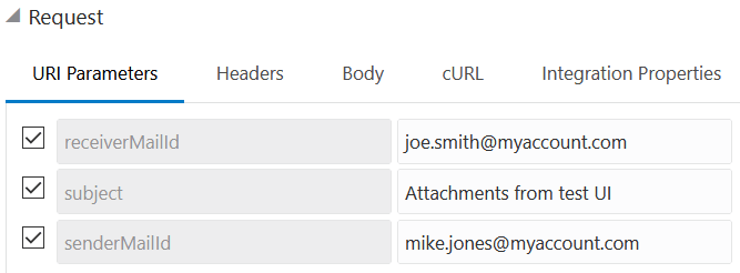 「URIパラメータ」タブが選択され、receiverMailId、subjectおよびsenderMailIdのエントリが表示されます。 「URIパラメータ」タブが選択され、receiverMailId、subjectおよびsenderMailIdのエントリが表示されます。