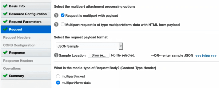 「リクエスト」タブが選択され、リクエストに対する選択がペイロード、JSONサンプルおよびマルチパート/フォーム・データを含むマルチパートであることが表示されます。 「リクエスト」タブが選択され、リクエストに対する選択がペイロード、JSONサンプルおよびマルチパート/フォーム・データを含むマルチパートであることが表示されます。
