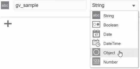 文字列、ブール、日付、DateType、オブジェクトおよび数値の選択肢を含むタイプ・リスト