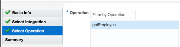 「選択操作」ページには、操作フィールドが表示され、getEmployeeが選択されています。