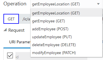 操作リストの選択: getEmployeeLocation、getEmployee、addEmployee、updateEmployee、deleteEmployeeおよびmodifyEmployee。 操作リストの選択: getEmployeeLocation、getEmployee、addEmployee、updateEmployee、deleteEmployeeおよびmodifyEmployee。