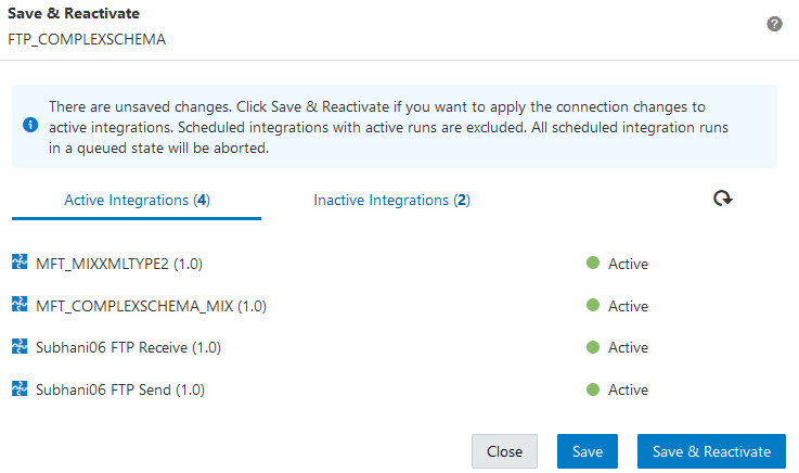 保存および再アクティブ化ページには、アクティブな統合と非アクティブ統合の数が表示されます。 右上隅にRefreshアイコンが表示されます。 右下には、取消、保存および再アクティブ化ボタンが表示されます。 保存および再アクティブ化ページには、アクティブな統合と非アクティブ統合の数が表示されます。 右上隅にRefreshアイコンが表示されます。 右下には、取消、保存および再アクティブ化ボタンが表示されます。